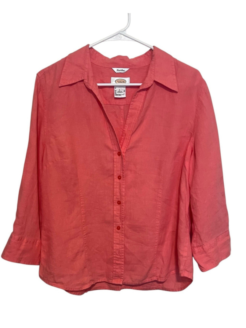 Talbots Irish Linen Button Up Shirt XL Coral Pink 3/4 Sleeve Top